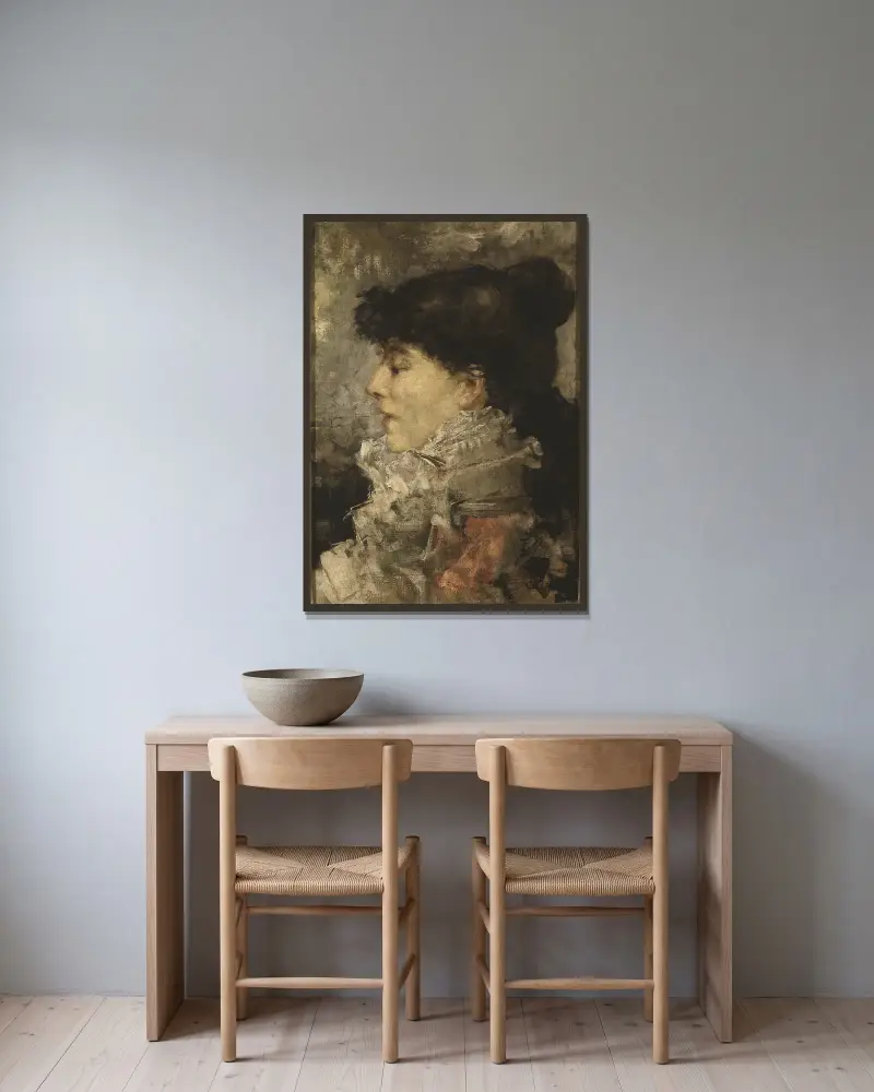Porträtt av Sarah Bernhardt av Jules Bastien-Lepage inramad på en vägg