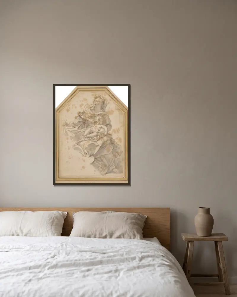 Studie zur Geburt Johannes des Täufers von Giovanni Battista Gaulli gerahmt an einer Wand