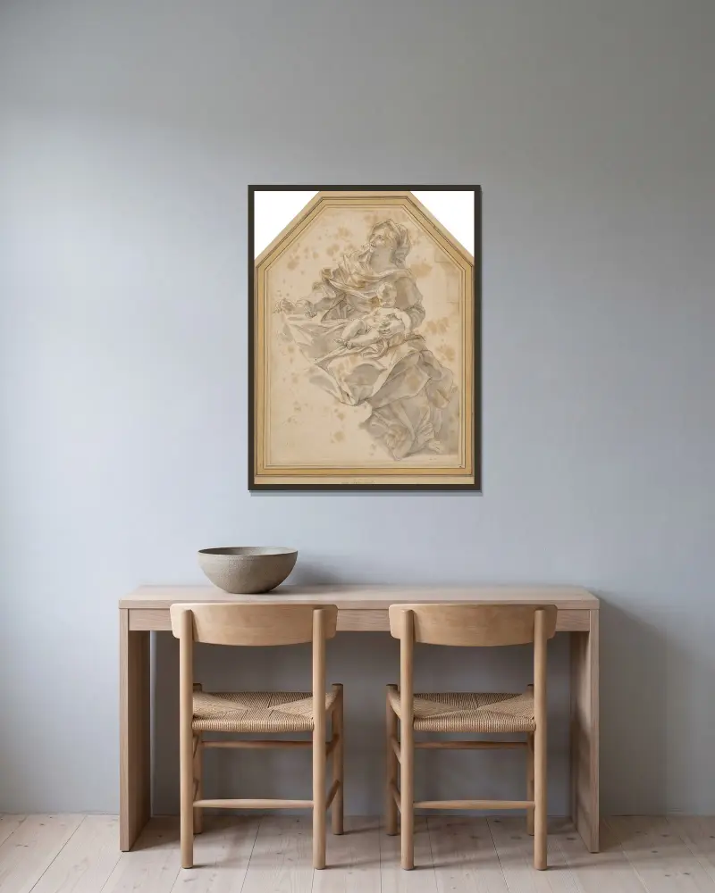 Studie zur Geburt Johannes des Täufers von Giovanni Battista Gaulli gerahmt an einer Wand