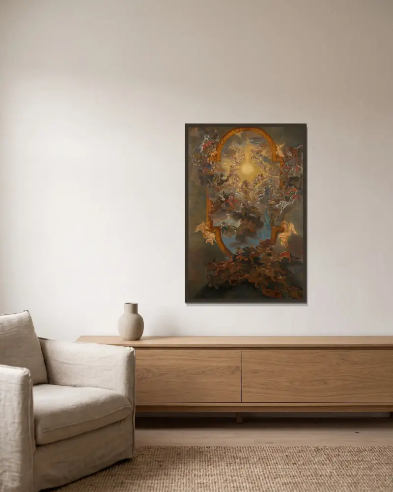 Der Triumph des Namens Jesu von Giovanni Battista Gaulli gerahmt an einer Wand