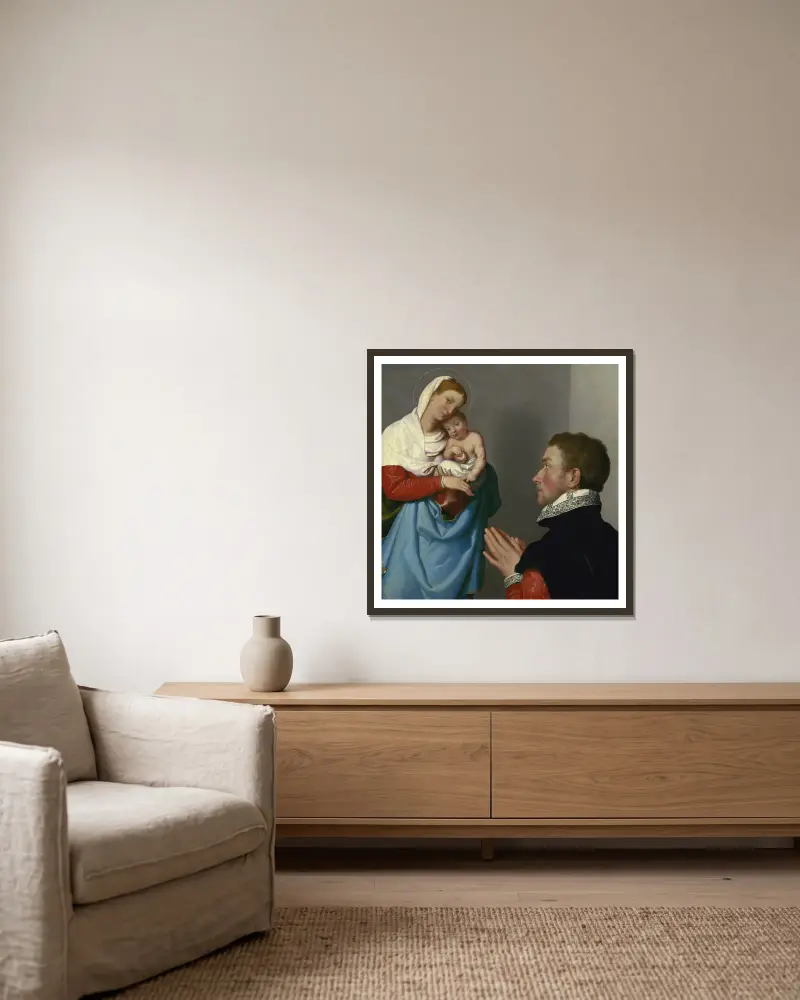 En gentleman i tillbedjan inför Madonnan av Giovanni Battista Moroni inramad på en vägg