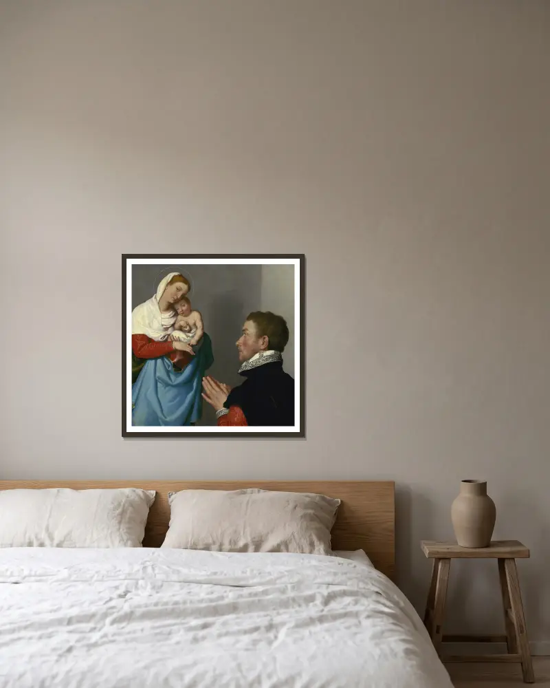En gentleman i tillbedjan inför Madonnan av Giovanni Battista Moroni inramad på en vägg