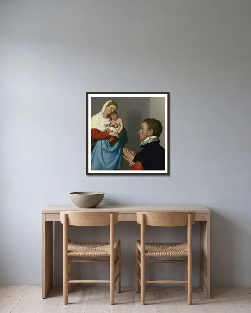 En gentleman i tillbedjan inför Madonnan av Giovanni Battista Moroni inramad på en vägg