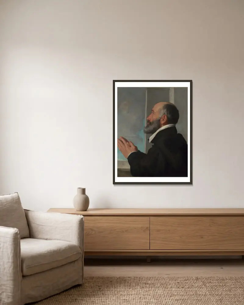 Bildnis eines Stifters von Giovanni Battista Moroni gerahmt an einer Wand