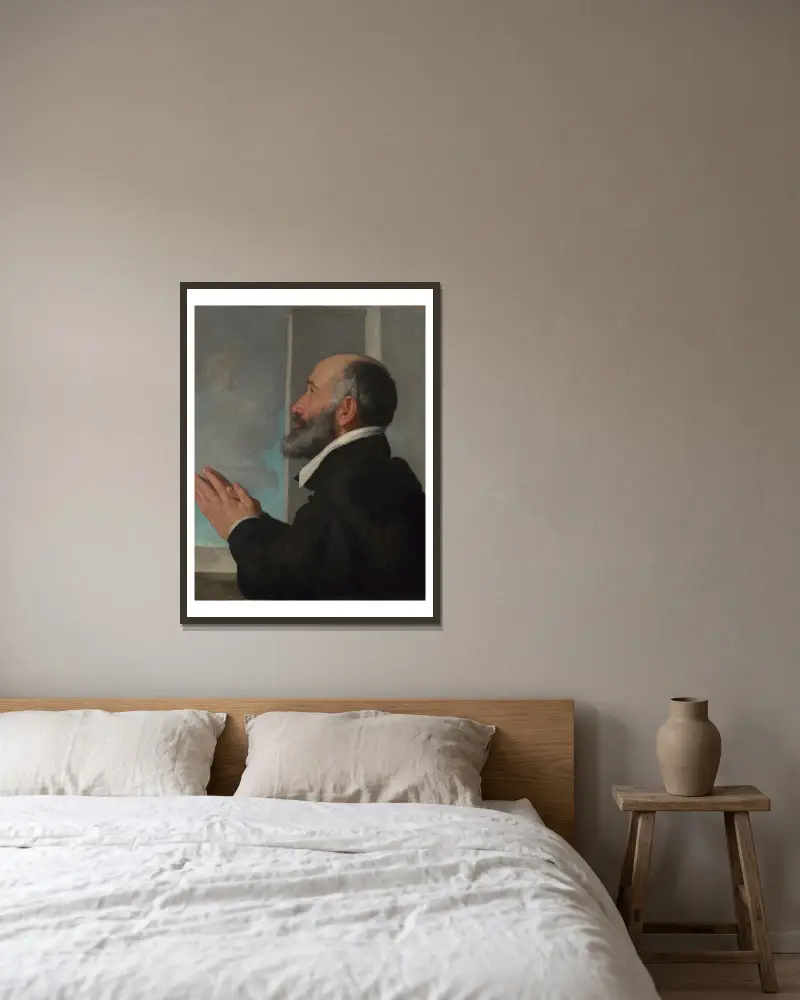 Bildnis eines Stifters von Giovanni Battista Moroni gerahmt an einer Wand