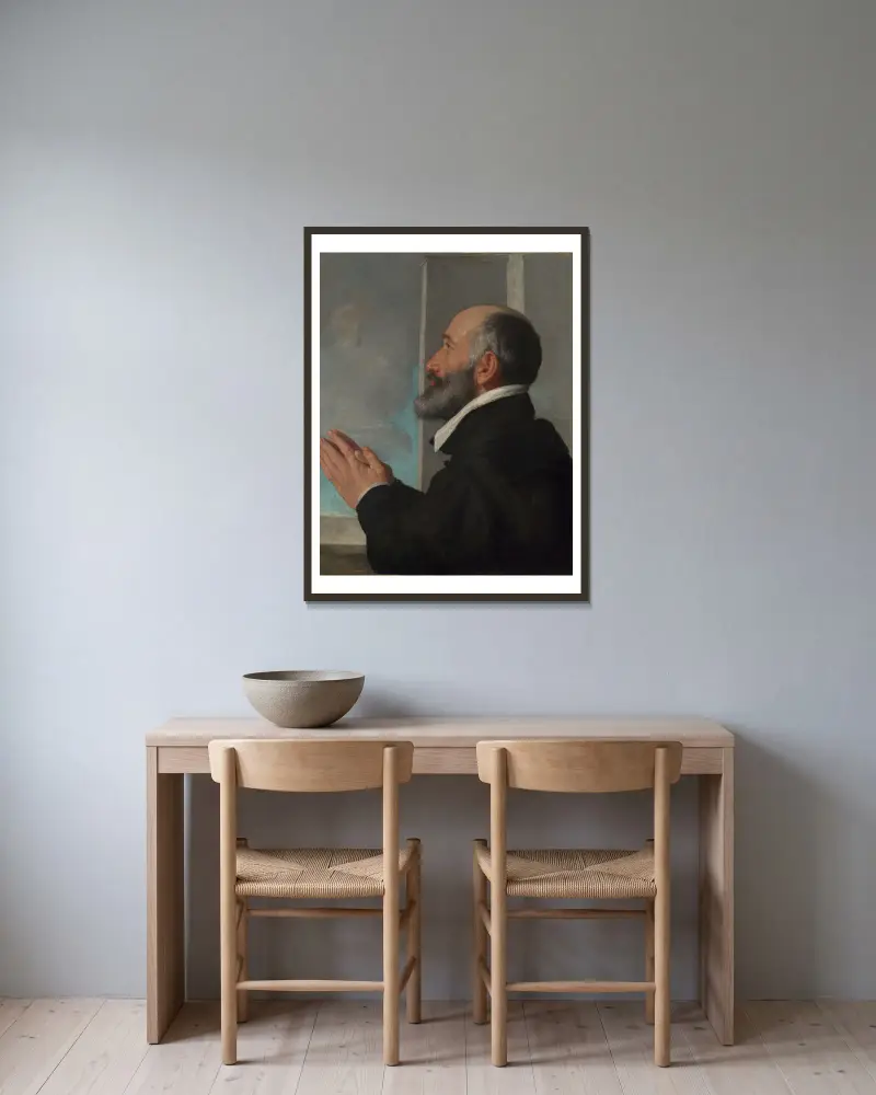 Bildnis eines Stifters von Giovanni Battista Moroni gerahmt an einer Wand