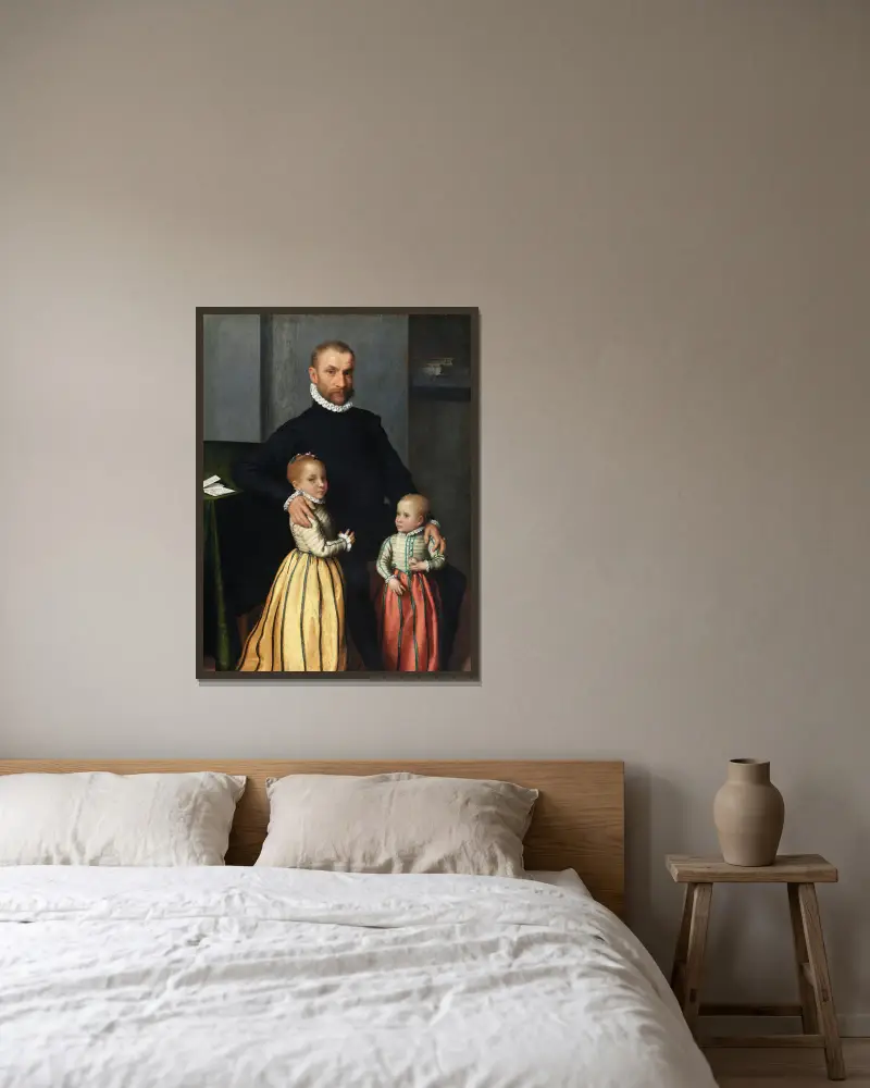Porträtt av en gentleman och hans två barn av Giovanni Battista Moroni inramad på en vägg