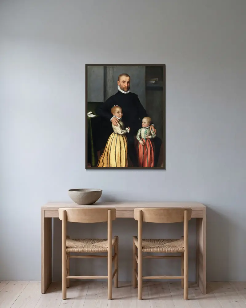 Porträtt av en gentleman och hans två barn av Giovanni Battista Moroni inramad på en vägg