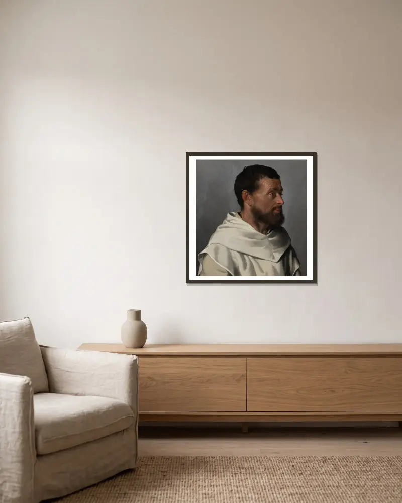 Porträtt av en lekbroder av Giovanni Battista Moroni inramad på en vägg