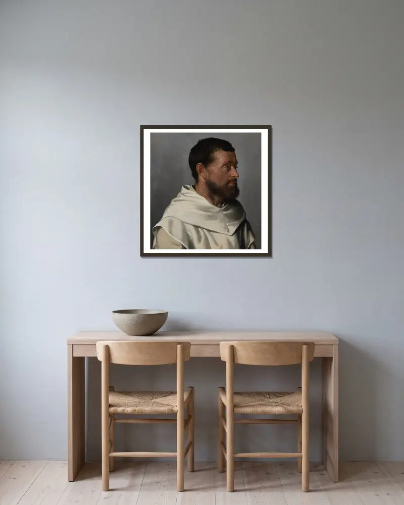 Porträtt av en lekbroder av Giovanni Battista Moroni inramad på en vägg