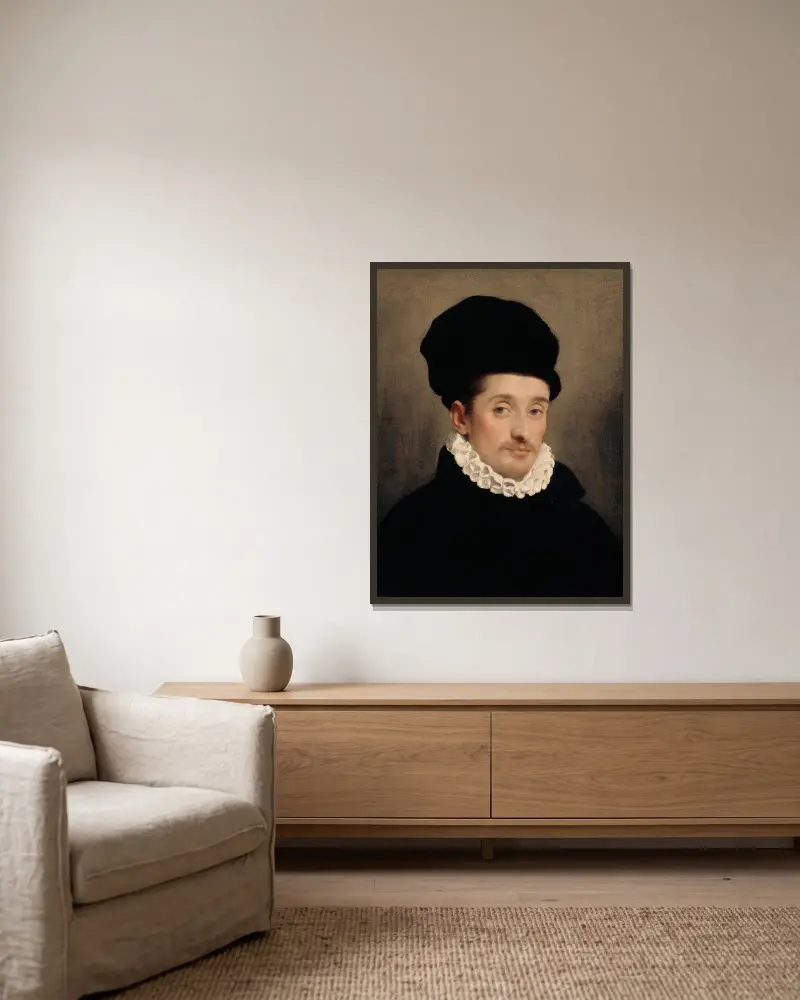 Bildnis eines Mannes – Nr. 1 von Giovanni Battista Moroni gerahmt an einer Wand