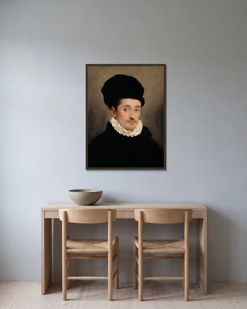 Bildnis eines Mannes – Nr. 1 von Giovanni Battista Moroni gerahmt an einer Wand
