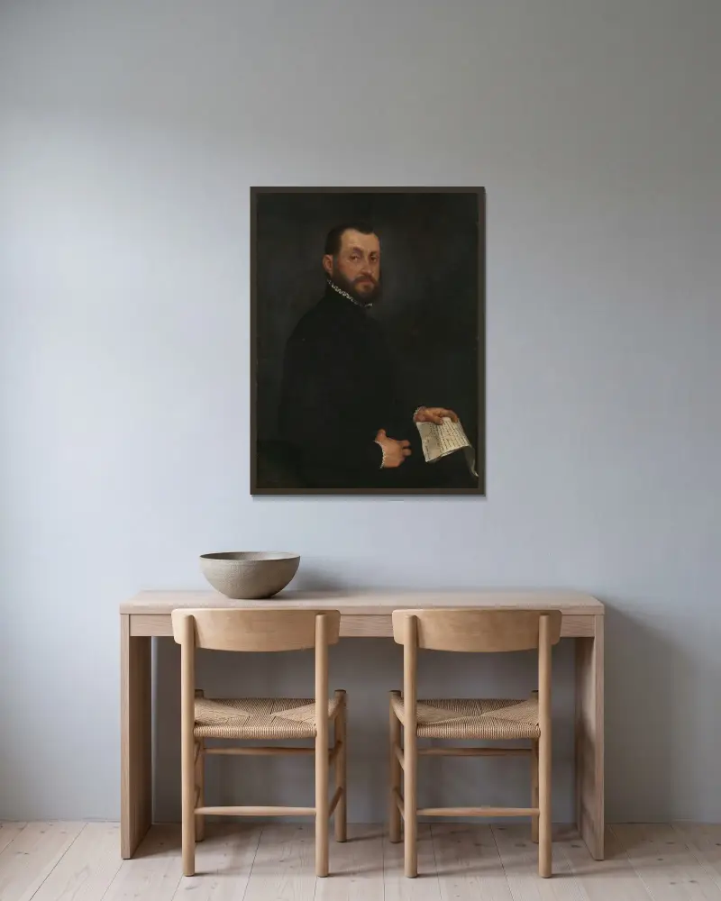 Porträtt av en man, 1565 av Giovanni Battista Moroni inramad på en vägg