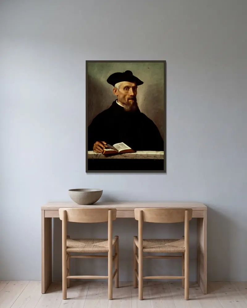 Portrait of an Ecclesiastic av Giovanni Battista Moroni inramad på en vägg