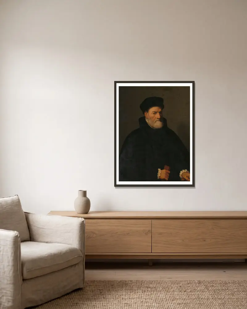 Porträtt av en gammal man, förmodligen Vercellino Olivazzi, senator från Bergamo av Giovanni Battista Moroni inramad på en vägg