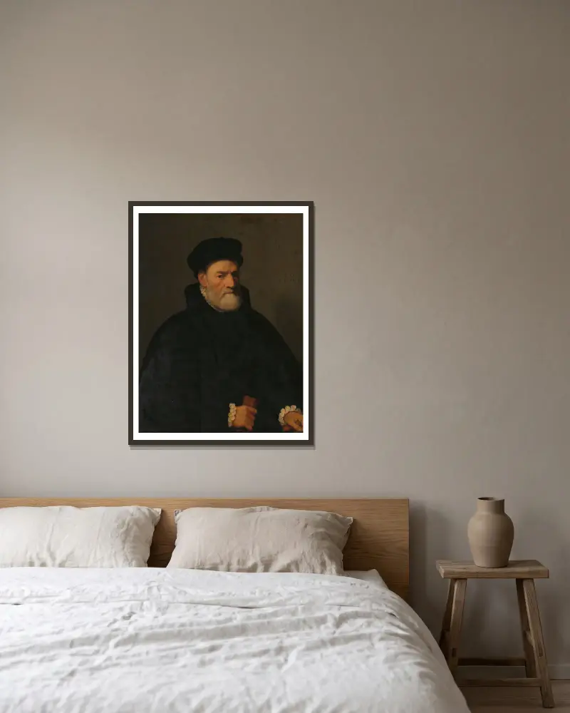 Porträtt av en gammal man, förmodligen Vercellino Olivazzi, senator från Bergamo av Giovanni Battista Moroni inramad på en vägg
