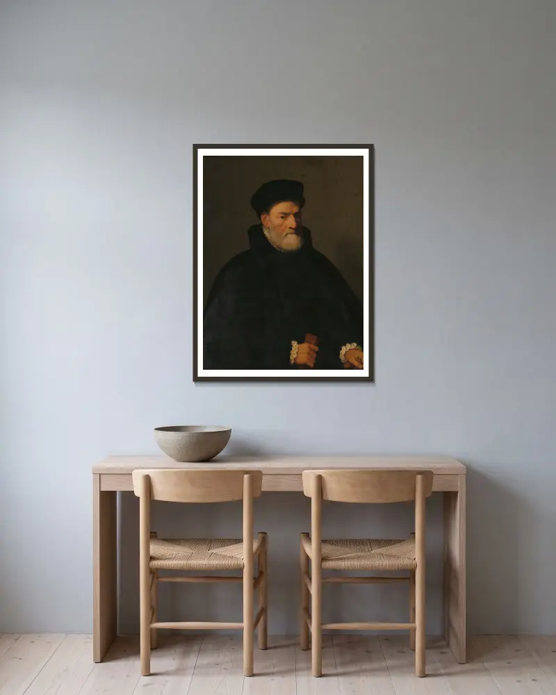 Porträtt av en gammal man, förmodligen Vercellino Olivazzi, senator från Bergamo av Giovanni Battista Moroni inramad på en vägg