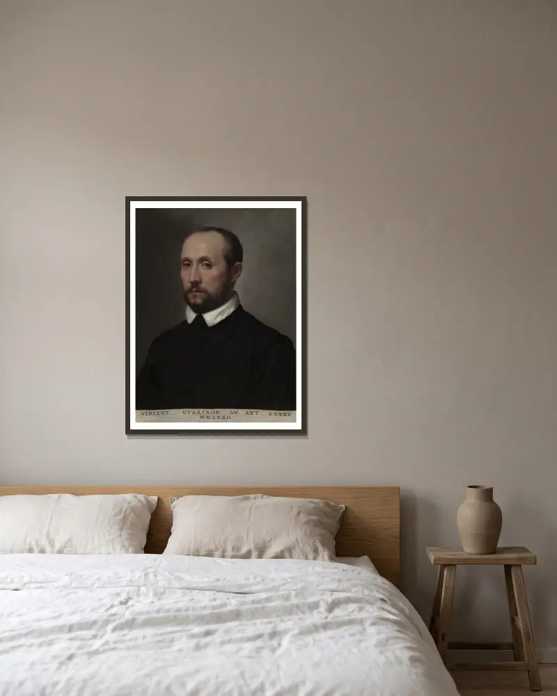 Porträtt av Vincenzo Guarignoni av Giovanni Battista Moroni inramad på en vägg