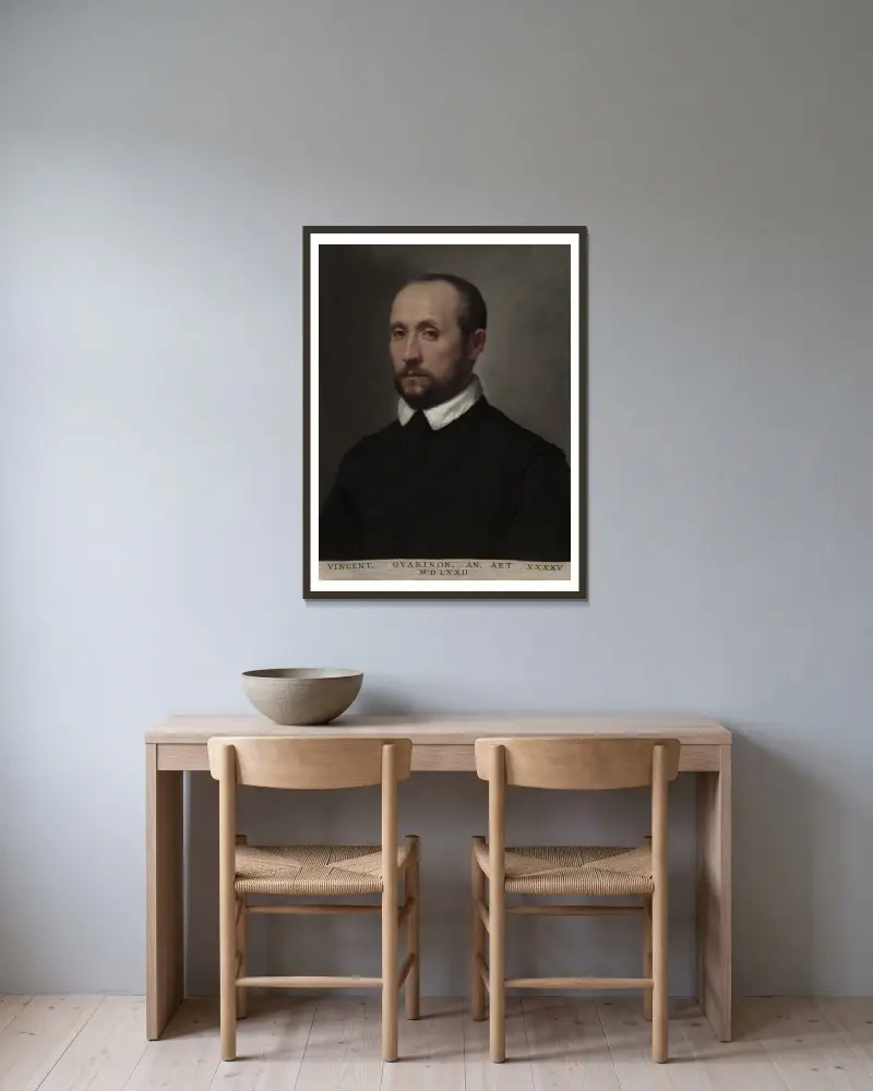 Porträtt av Vincenzo Guarignoni av Giovanni Battista Moroni inramad på en vägg