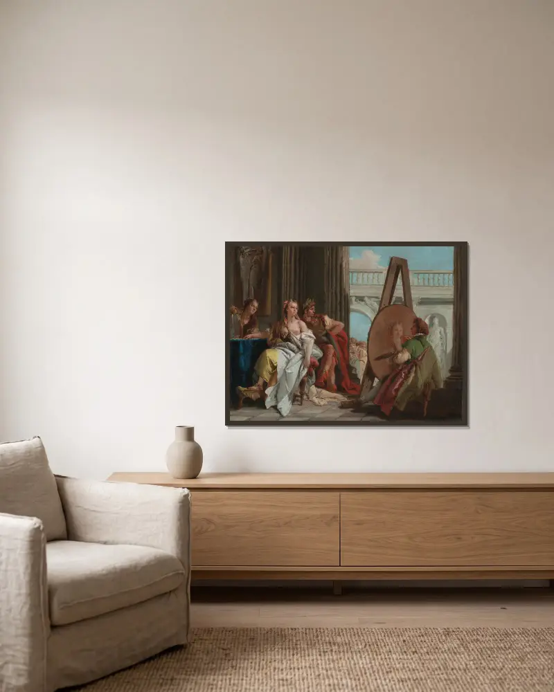 Alexander den store och Campaspe i Apelles ateljé av Giovanni Battista Tiepolo inramad på en vägg