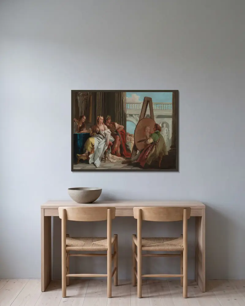 Alexander den store och Campaspe i Apelles ateljé av Giovanni Battista Tiepolo inramad på en vägg