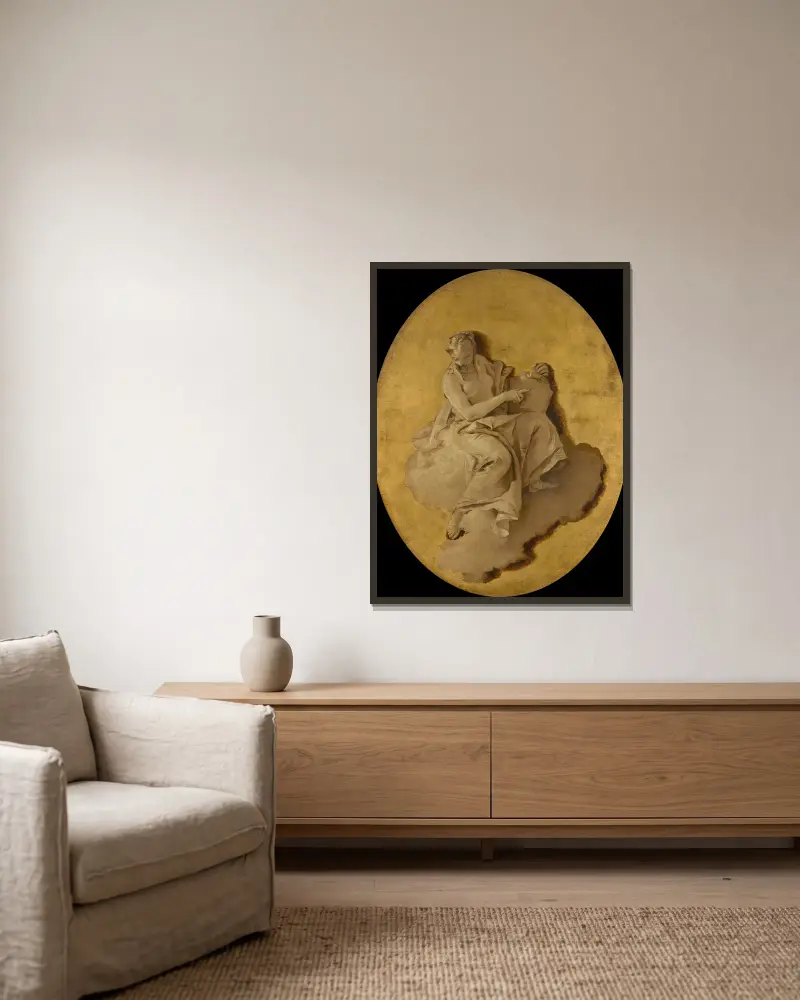 Allegorisk kvinnofigur med sköld eller spegel av Giovanni Battista Tiepolo inramad på en vägg