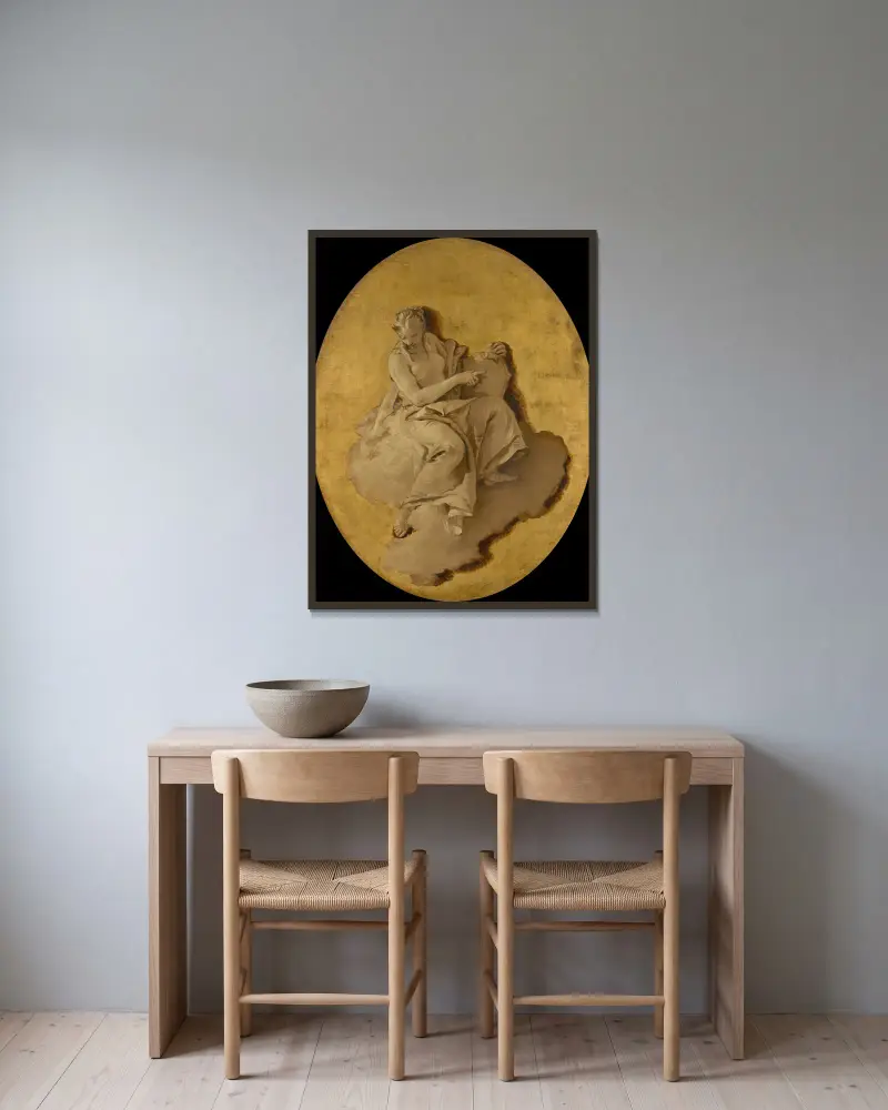 Allegorisk kvinnofigur med sköld eller spegel av Giovanni Battista Tiepolo inramad på en vägg