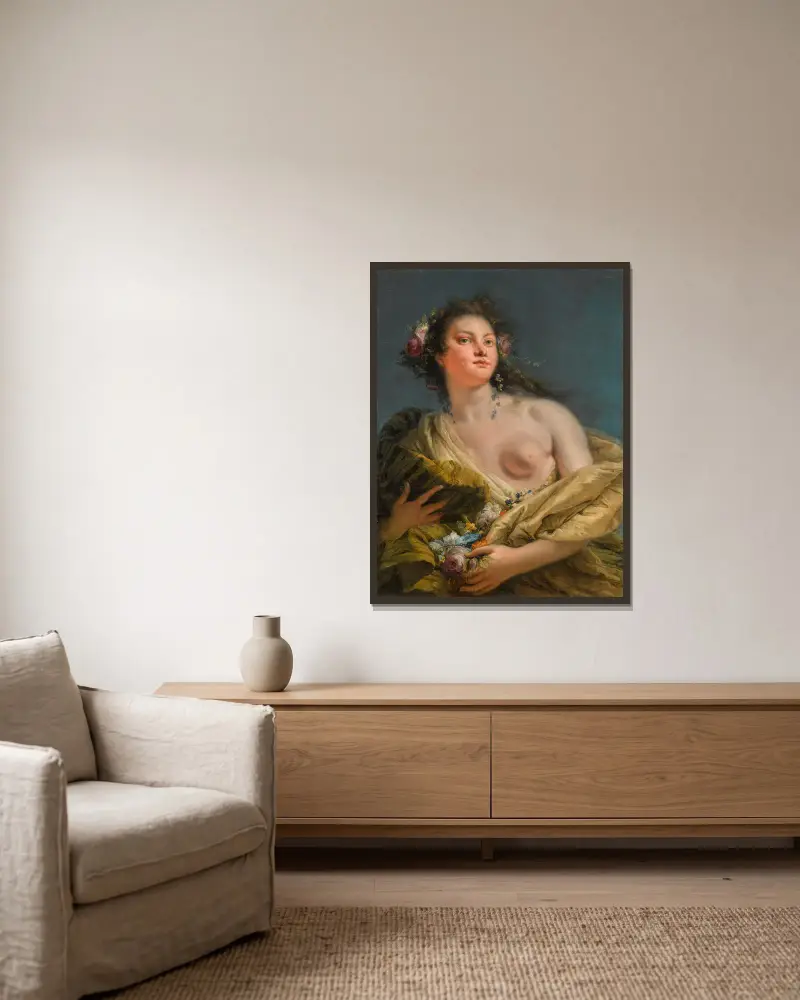 Porträtt av en dam som Flora av Giovanni Battista Tiepolo inramad på en vägg