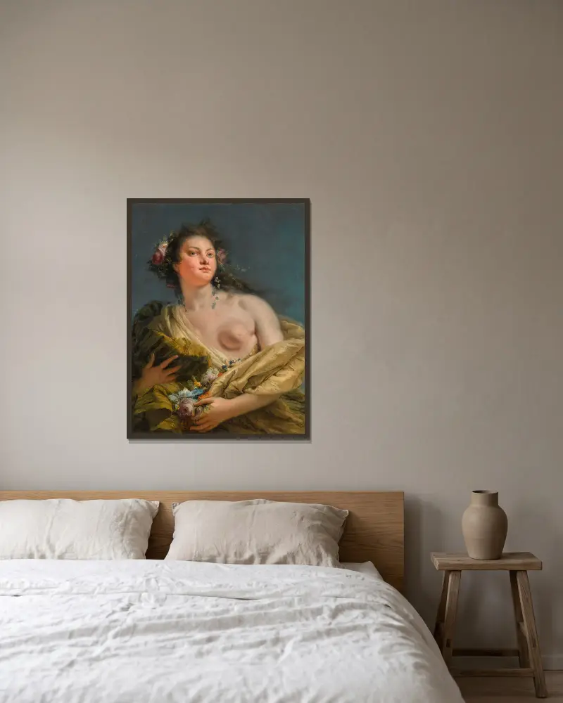 Porträtt av en dam som Flora av Giovanni Battista Tiepolo inramad på en vägg