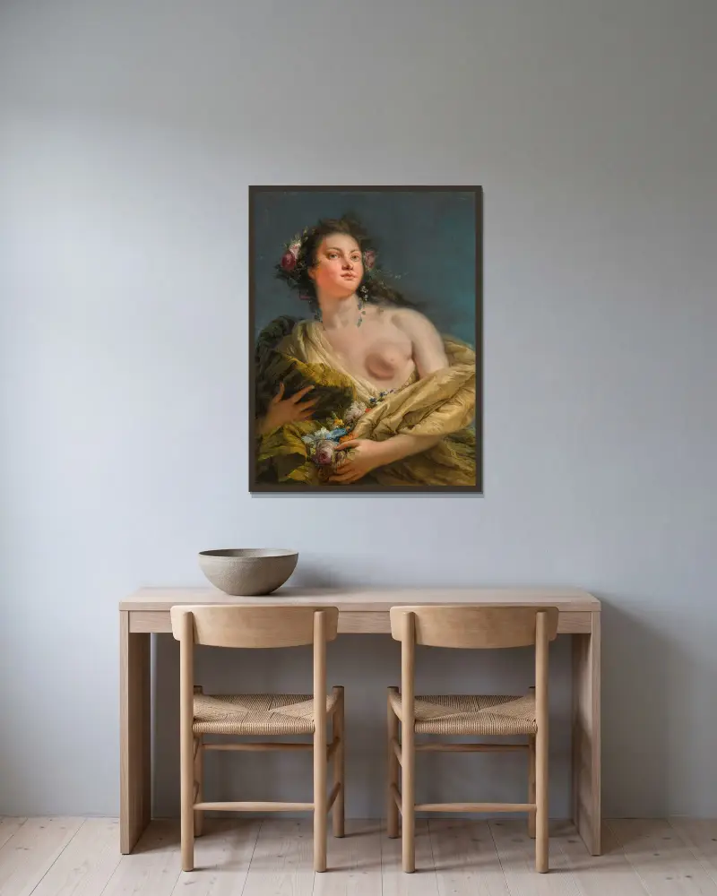 Porträtt av en dam som Flora av Giovanni Battista Tiepolo inramad på en vägg
