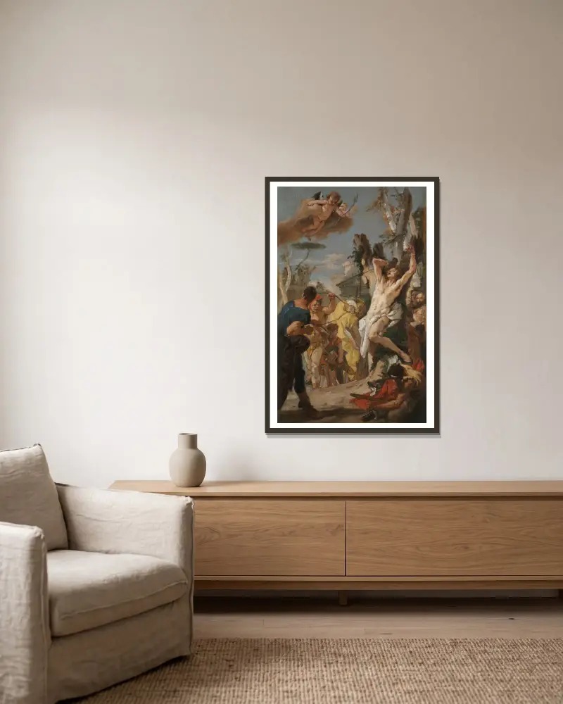 Studie till ’Sankt Sebastians martyrium’ (för augustinklostret i Diessen, Tyskland) av Giovanni Battista Tiepolo inramad på en vägg