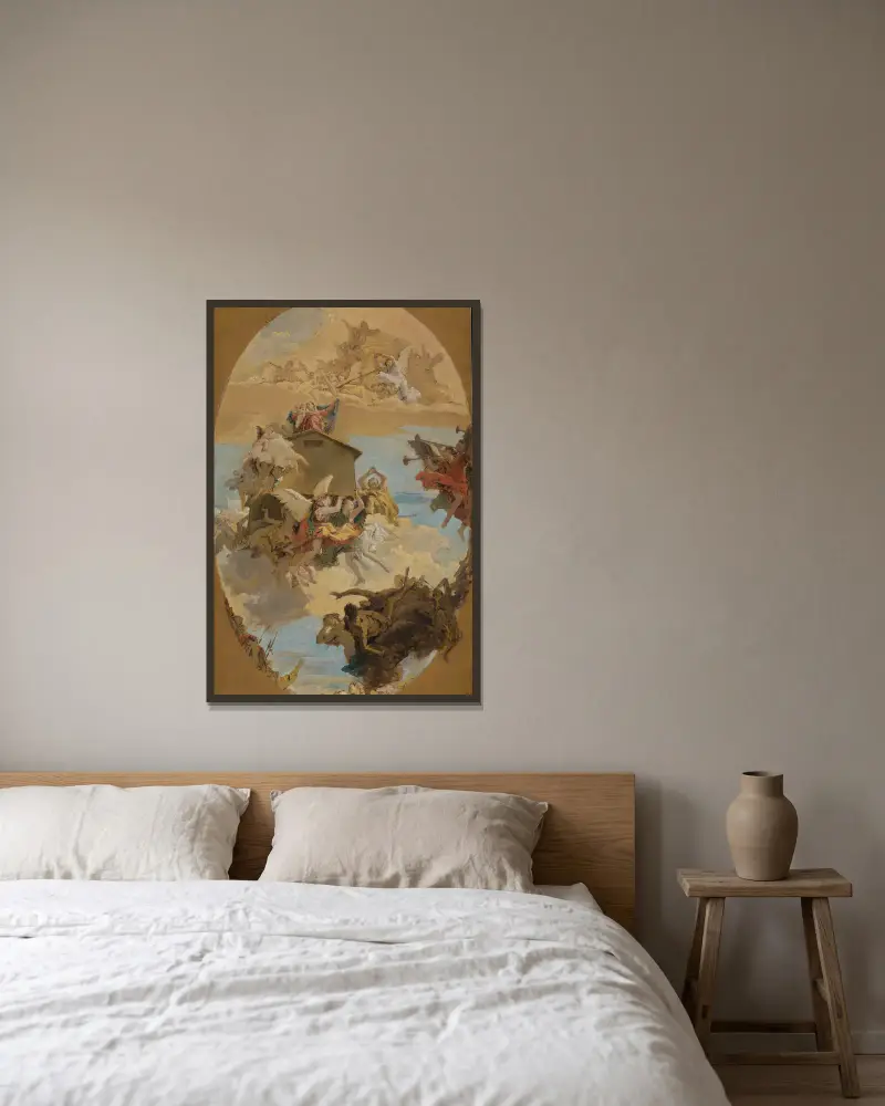 Das Wunder des Heiligen Hauses von Loreto von Giovanni Battista Tiepolo gerahmt an einer Wand
