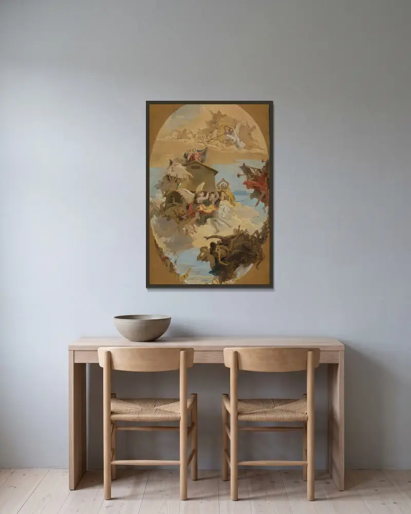 Das Wunder des Heiligen Hauses von Loreto von Giovanni Battista Tiepolo gerahmt an einer Wand
