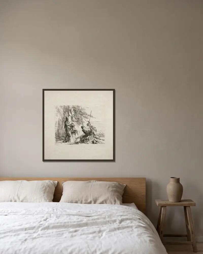 Kvinna stående med händerna på en vas av Giovanni Battista Tiepolo inramad på en vägg