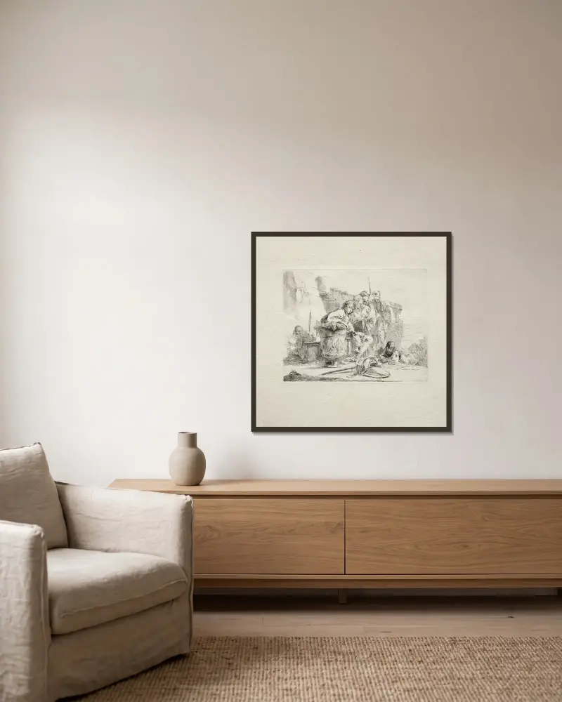 Den unge mannen sittande, lutad mot en urna av Giovanni Battista Tiepolo inramad på en vägg