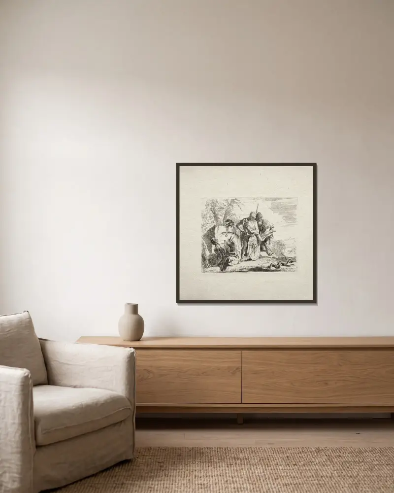 Den unge soldaten och astrologen av Giovanni Battista Tiepolo inramad på en vägg