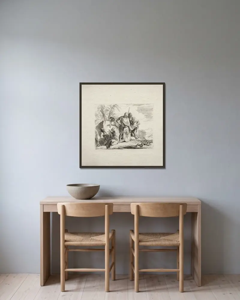 Den unge soldaten och astrologen av Giovanni Battista Tiepolo inramad på en vägg