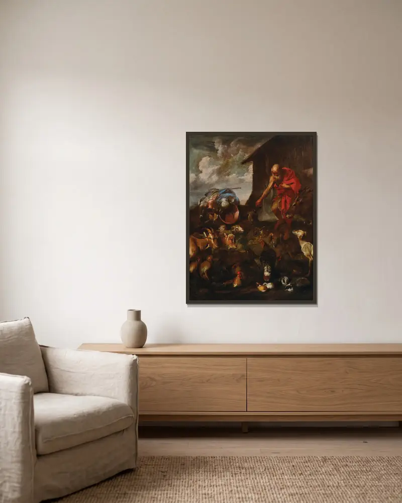 Tiere, die in die Arche Noah gehen von Giovanni Benedetto Castiglione gerahmt an einer Wand