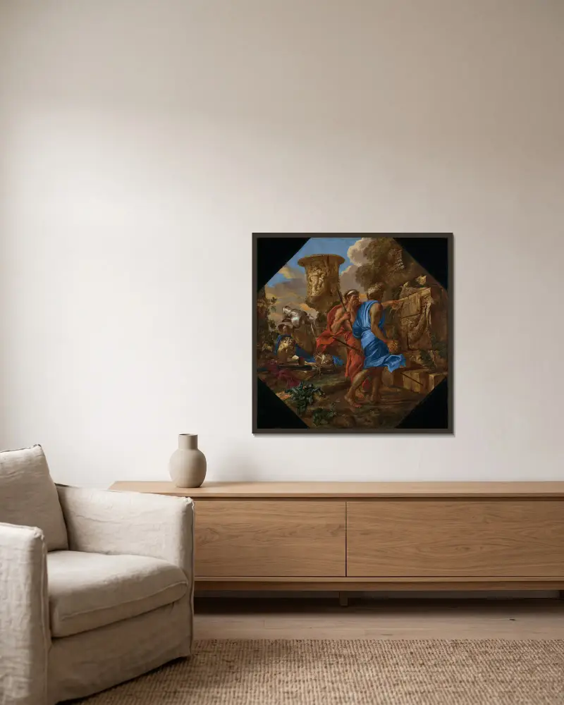 Arcadian Shepherds av Giovanni Benedetto Castiglione inramad på en vägg