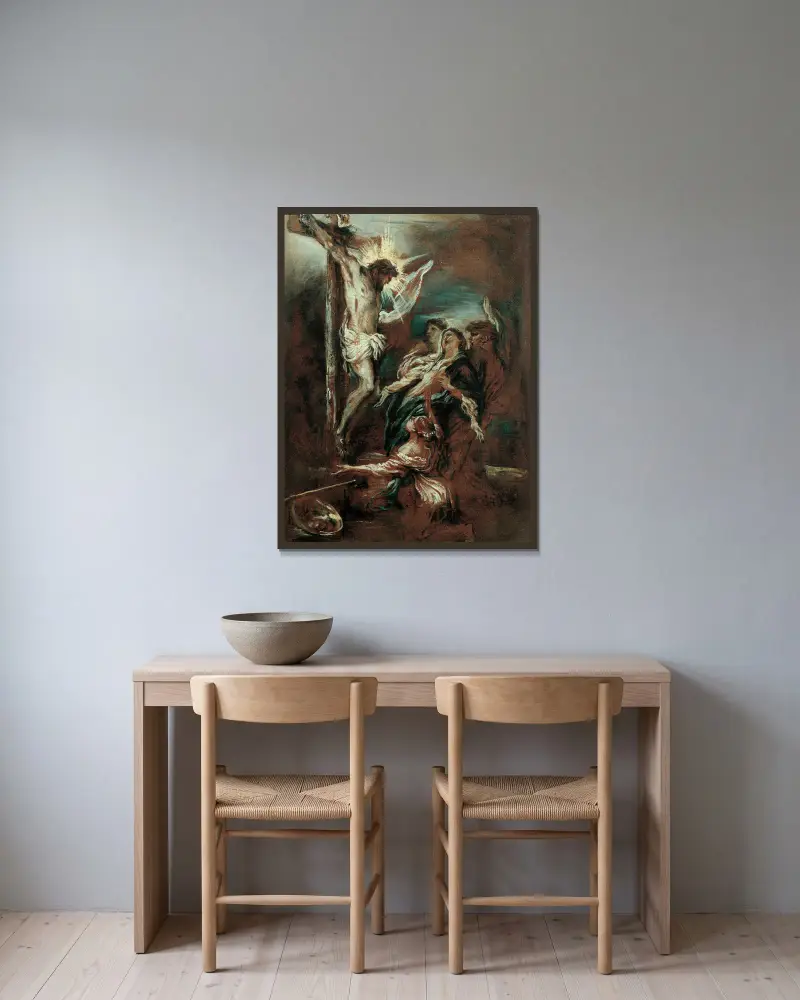 Korsfästelsen av Giovanni Benedetto Castiglione inramad på en vägg