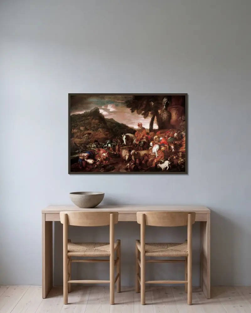 Die Reise der Familie Abrahams von Giovanni Benedetto Castiglione gerahmt an einer Wand