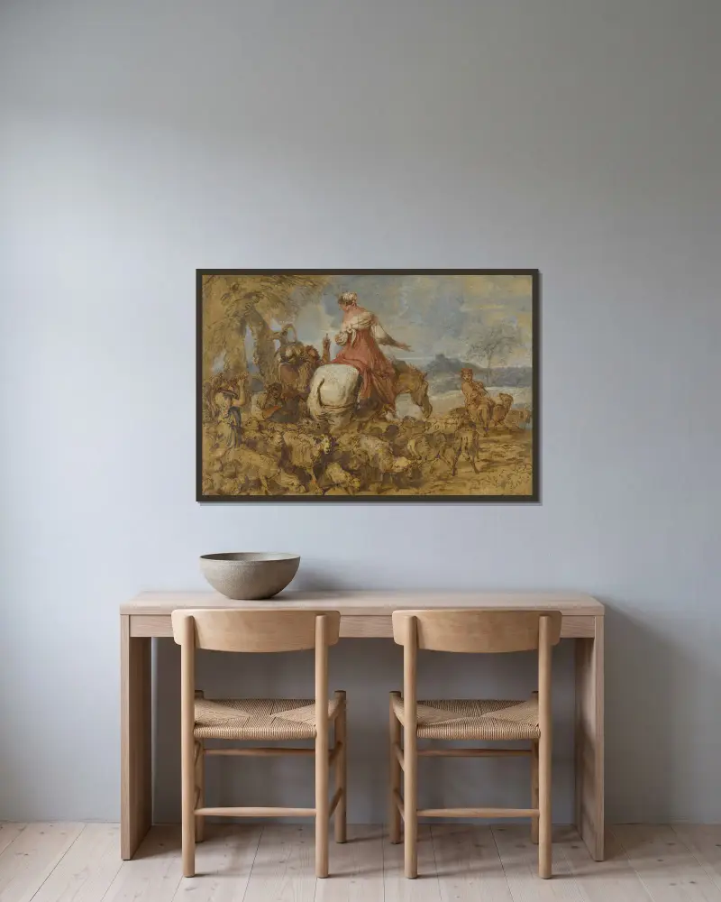 Pastoral resa av Giovanni Benedetto Castiglione inramad på en vägg