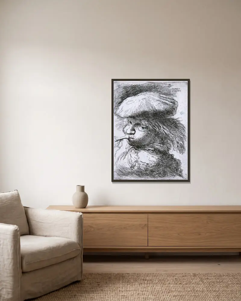 Junger Mann mit Trompete von Giovanni Benedetto Castiglione gerahmt an einer Wand