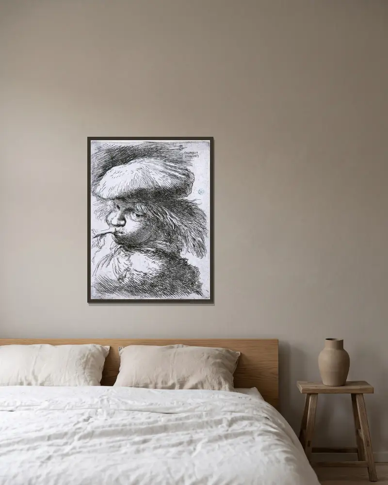 Junger Mann mit Trompete von Giovanni Benedetto Castiglione gerahmt an einer Wand