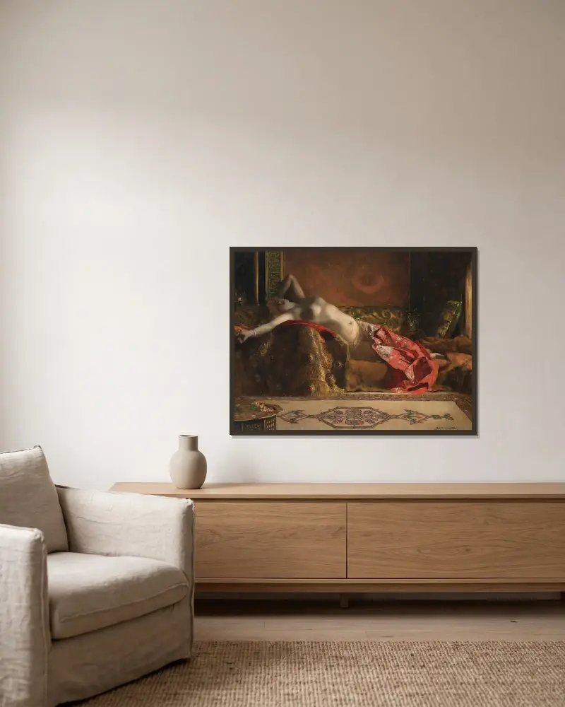 Liegende Odaliske von Jean-Joseph-Benjamin Constant gerahmt an einer Wand