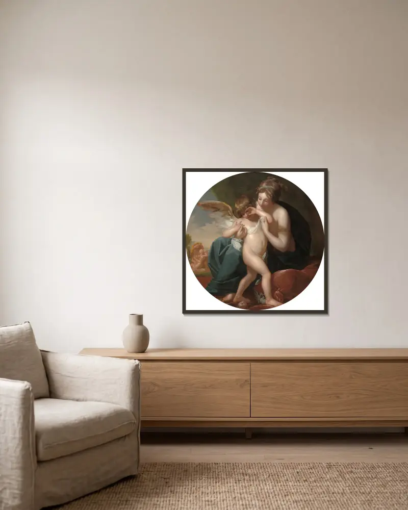Cupid, stungen av ett bi, vårdas av sin mor av Benjamin West inramad på en vägg