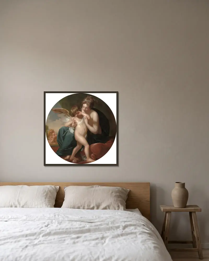 Cupid, stungen av ett bi, vårdas av sin mor av Benjamin West inramad på en vägg
