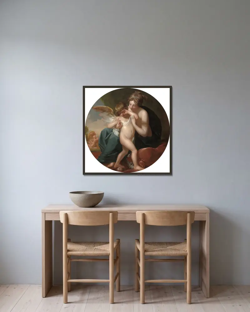 Cupid, stungen av ett bi, vårdas av sin mor av Benjamin West inramad på en vägg