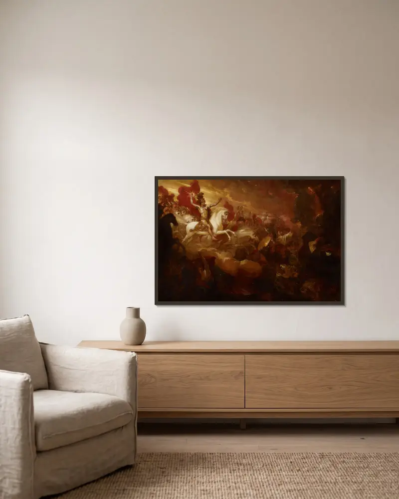 Destruction of the Beast and the False Prophet av Benjamin West inramad på en vägg