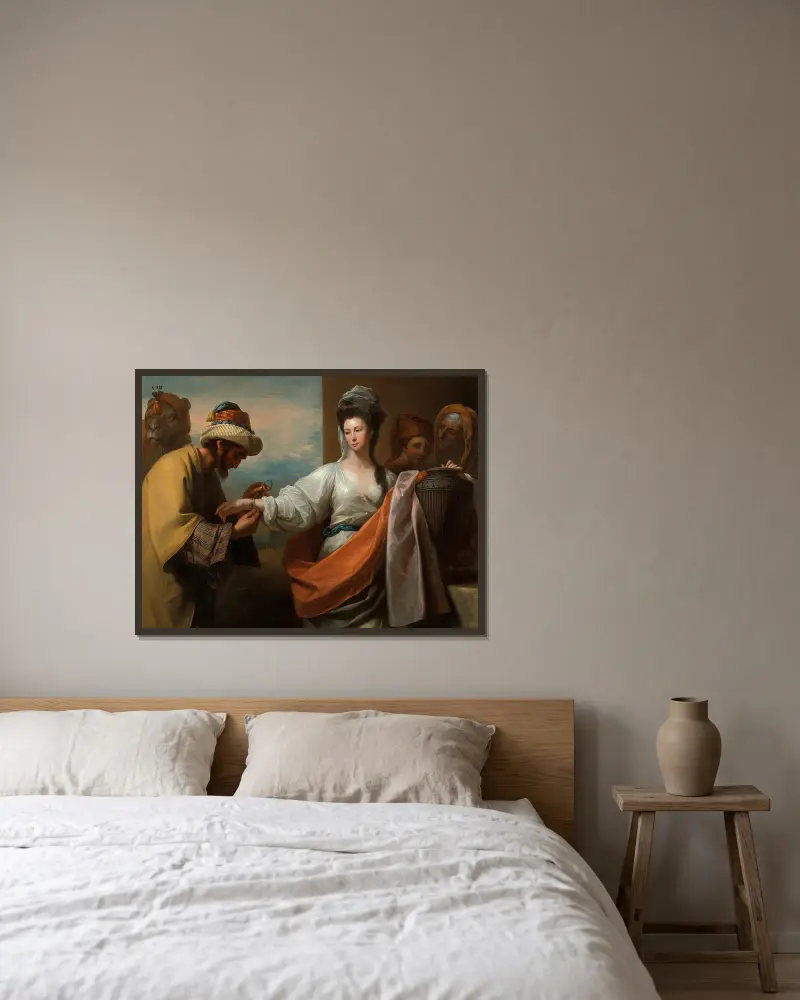 Isaks tjänare fäster armbandet på Rebeckas arm av Benjamin West inramad på en vägg